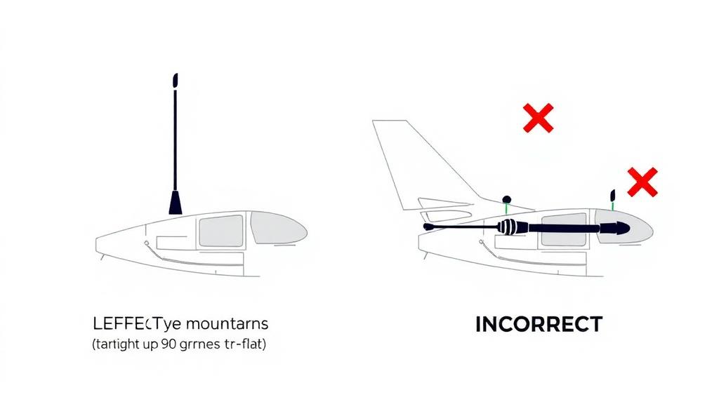 Diagram showing correct vertical antenna mounting vs incorrect horizontal mounting