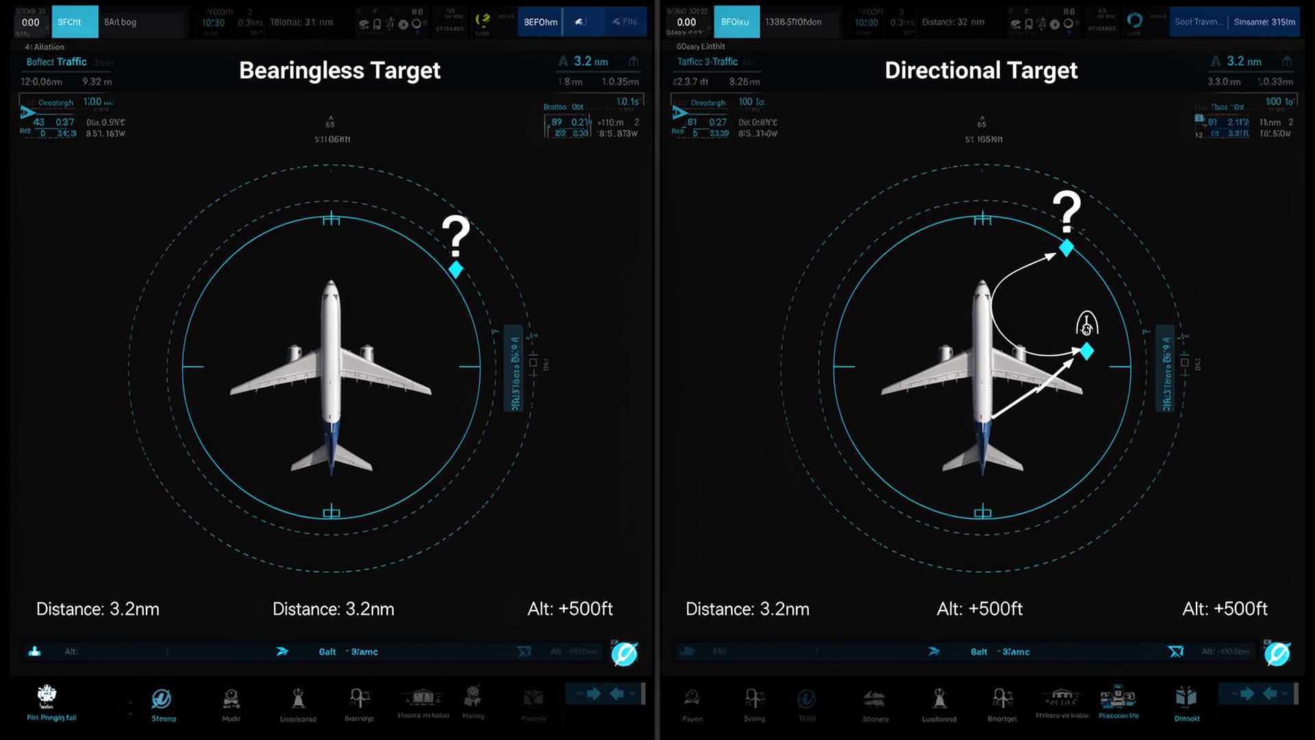 EFB screen comparison: Bearingless target shown as ring-3 vs Directional target at specific bearing