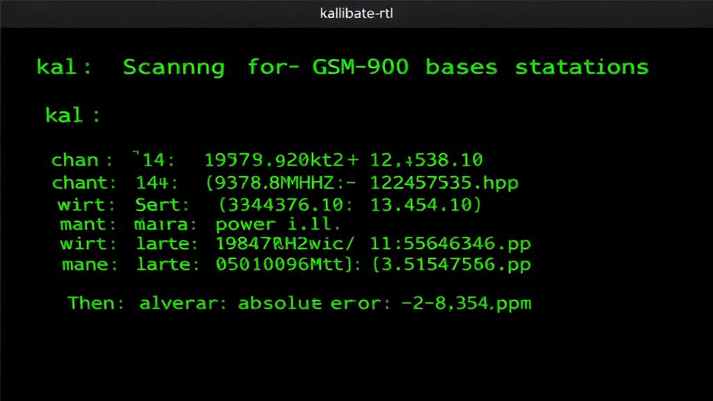 kalibrate-rtl terminal output showing GSM channel scan results and PPM offset
