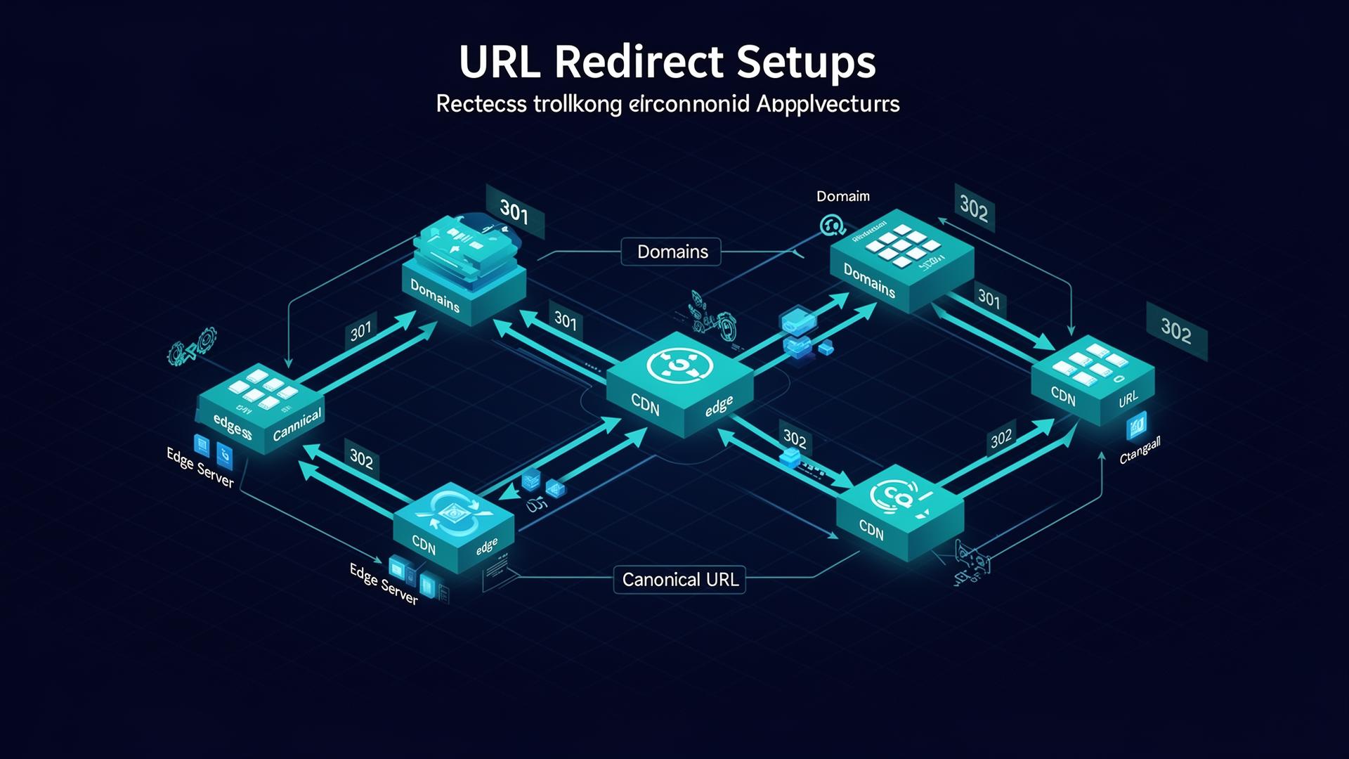 URL Redirect Setup: Hybrid 301/302 Domain Architecture Strategy - Article thumbnail Technical diagram showing URL redirect setup with 301 and 302 redirects between domains, CDN edge servers, and canonical URL connections